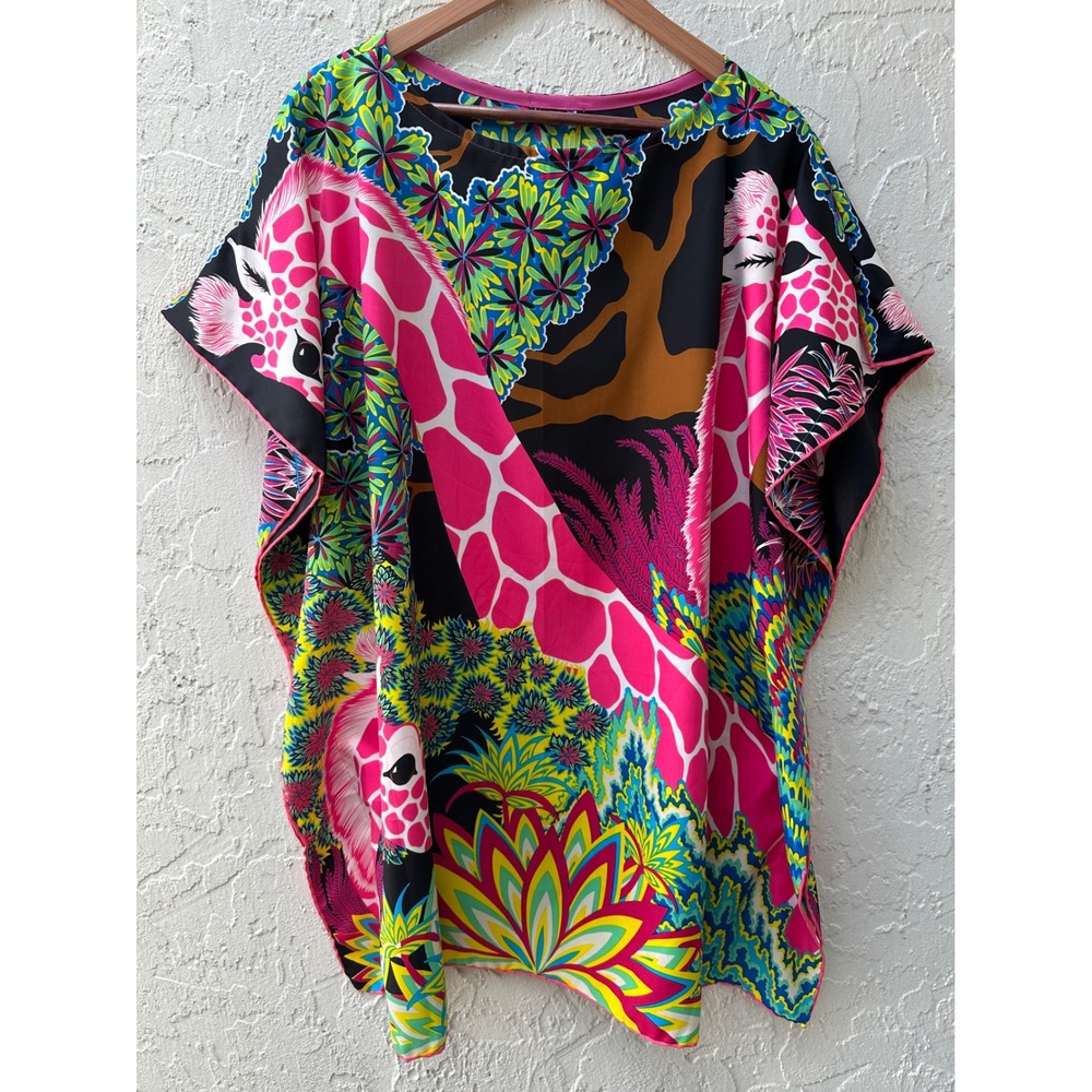 California Caftans Pink Giraffe Tropical Silk Kaftan Tunic Top Dress OS